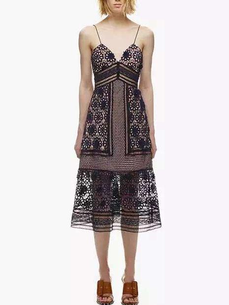 Romwe Deep V-neck Flower Lace Cami Dress - Navy