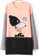 Romwe Snoopy Print Embroidered Pink Sweater