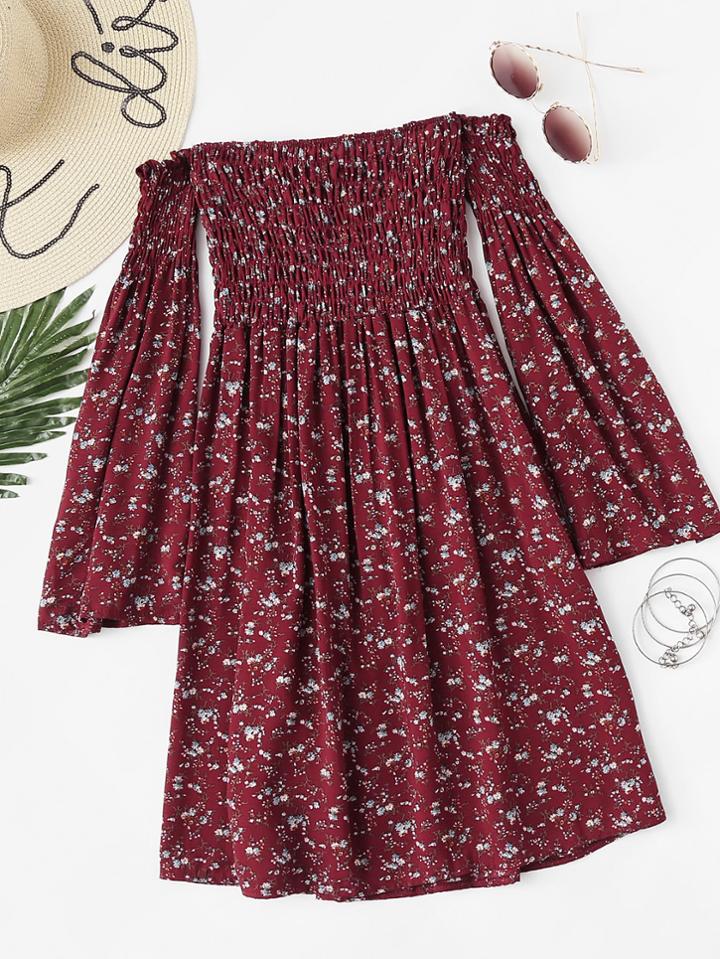 Romwe Off Shoulder Bell Sleeve Calico Print Dress