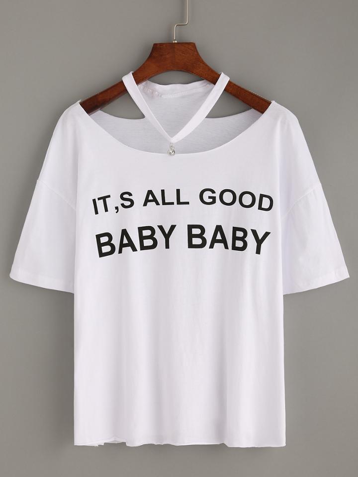 Romwe White Letter Print Cutout Neck T-shirt