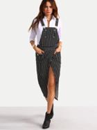 Romwe Black And White Striped Split Suspender Dress