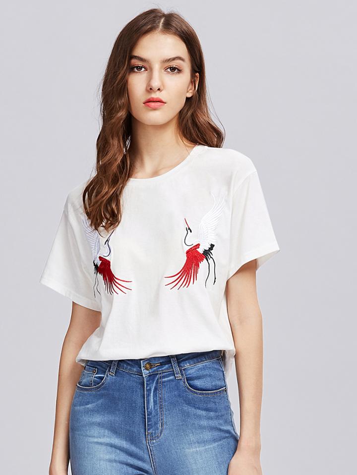 Romwe Symmetric Crane Embroidered T-shirt