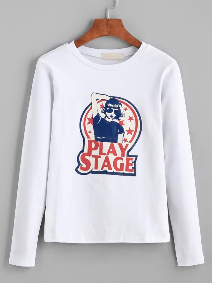 Romwe White Graphic Print Long Sleeve T-shirt