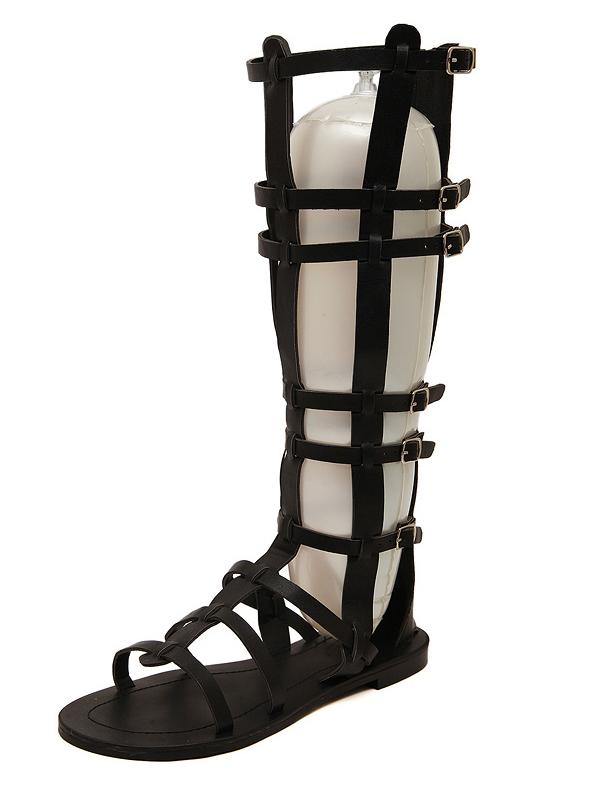 Romwe Black Back Zipper Tall Flat Sandals