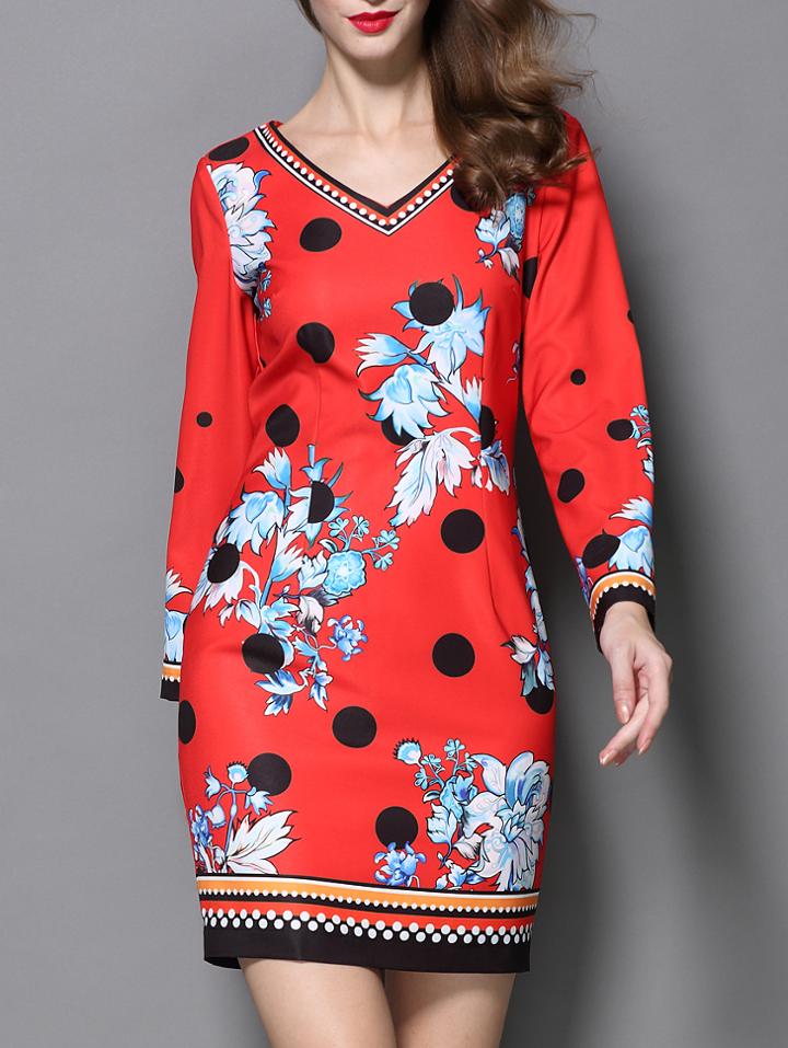 Romwe Red V Neck Long Sleeve Floral Print Dress