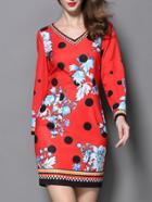 Romwe Red V Neck Long Sleeve Floral Print Dress