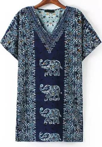 Romwe Navy V Neck Vintage Elephant Print Loose Dress