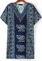 Romwe Navy V Neck Vintage Elephant Print Loose Dress
