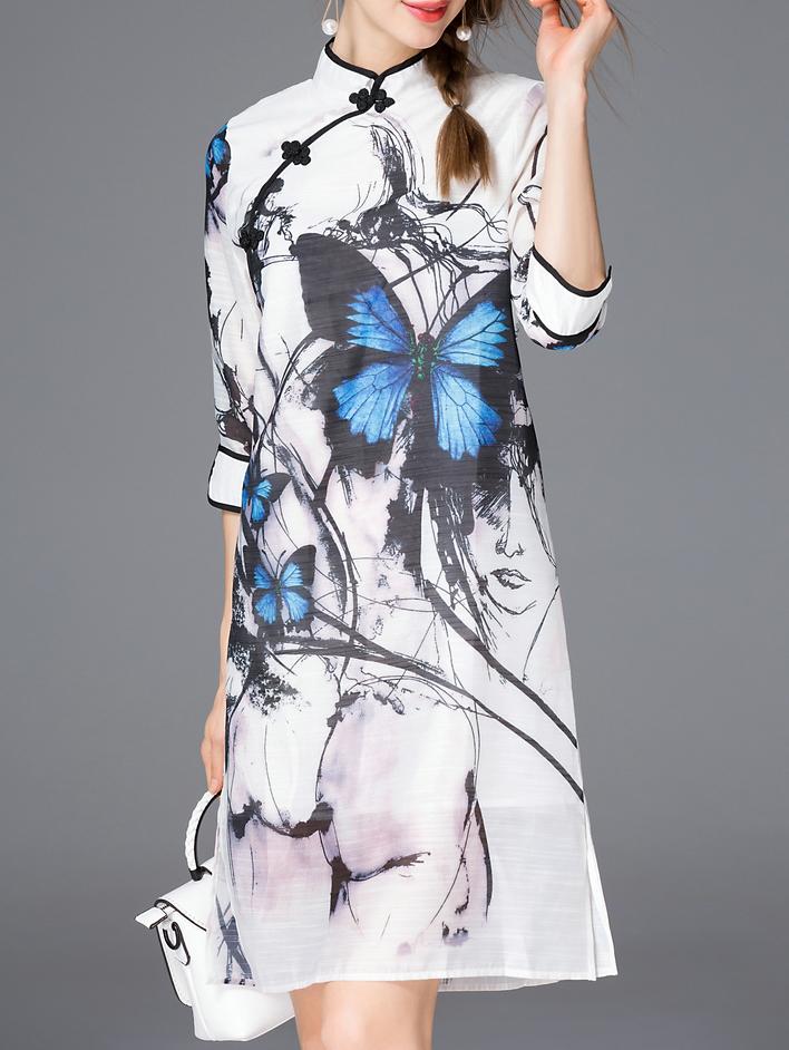 Romwe White Collar Bow Print Split Shift Dress