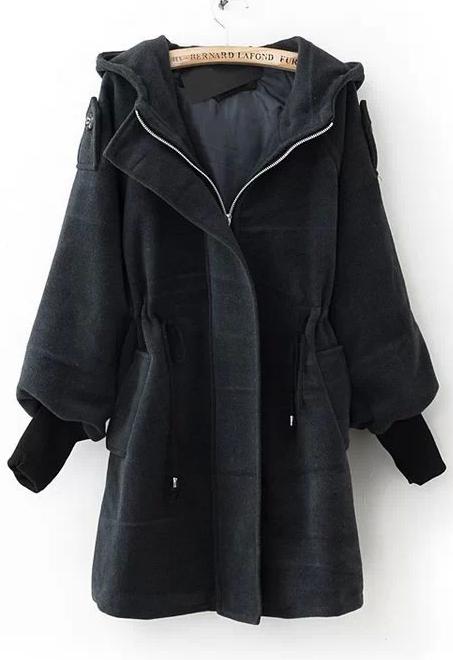 Romwe Hooded Drawstring Grey Coat