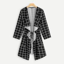 Romwe Plus Waterfall Collar Grid Coat