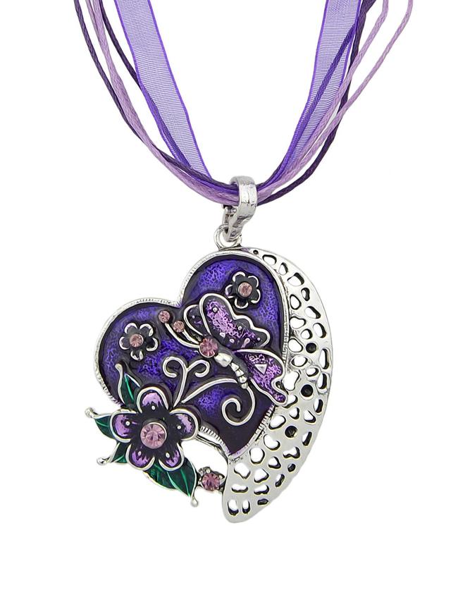 Romwe New Fashion Purple Enamel And Rhinestone Cute Heart Pendant Necklace
