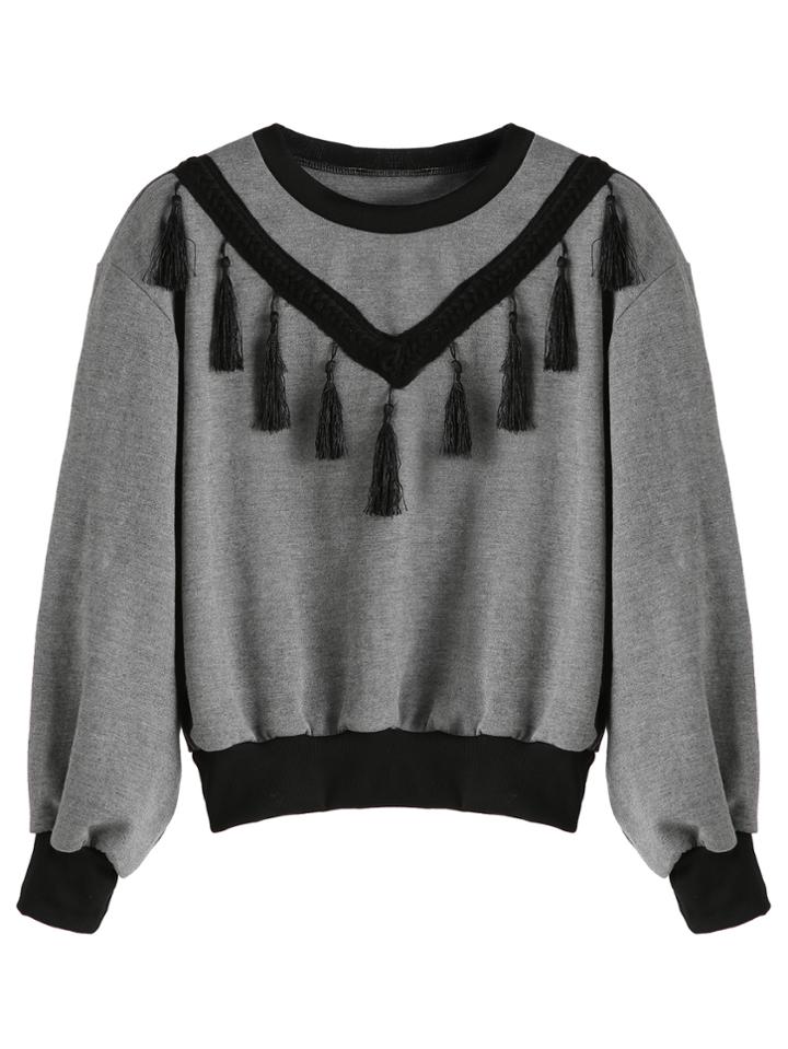 Romwe Grey Contrast Trim Fringe Sweatshirt
