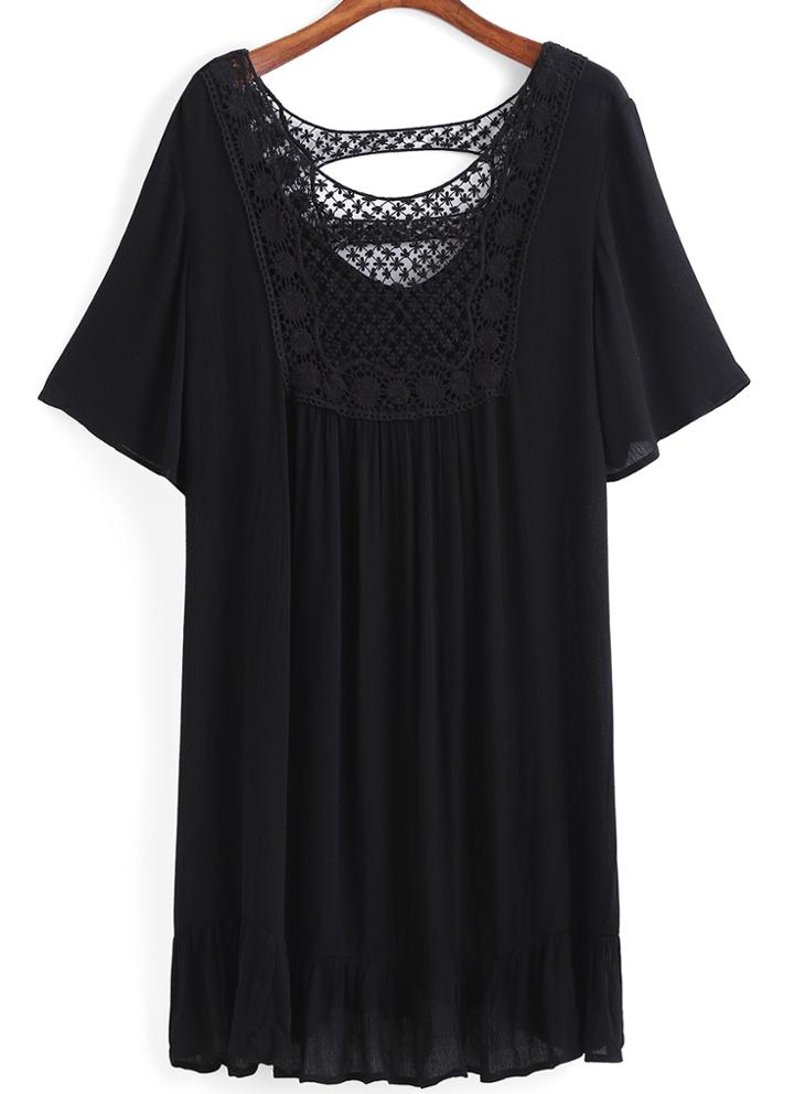 Romwe Lace Crochet Hollow Peplum Hem Black Dress