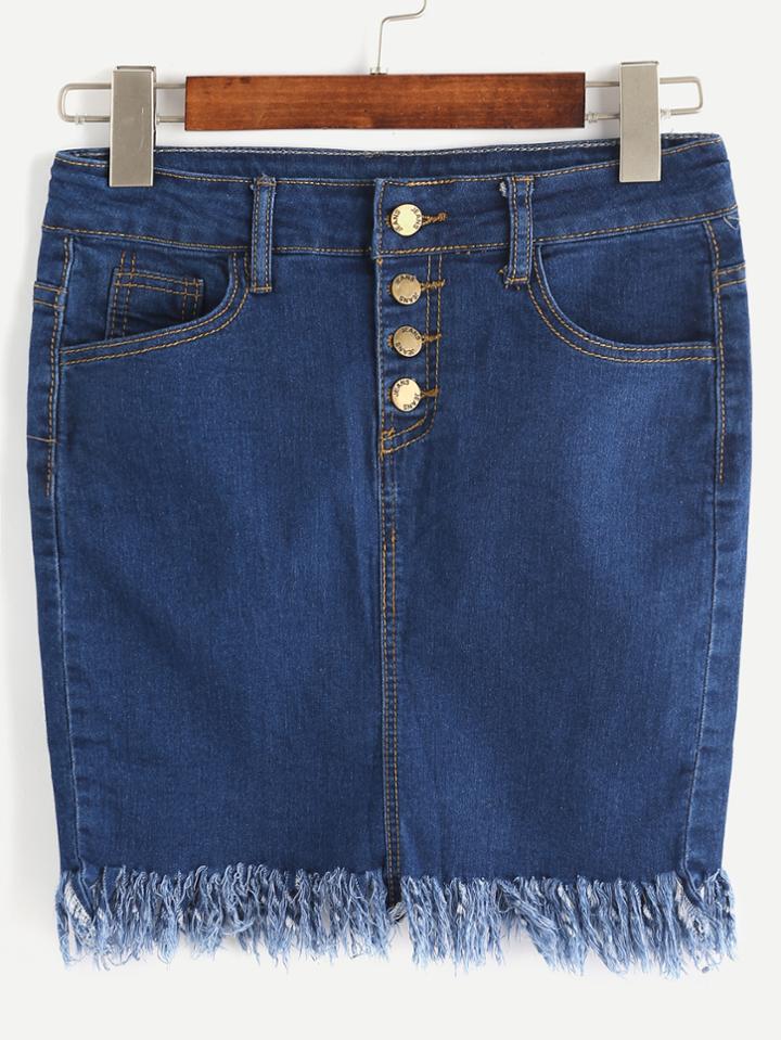 Romwe Blue Fringe Hem Bodycon Denim Skirt