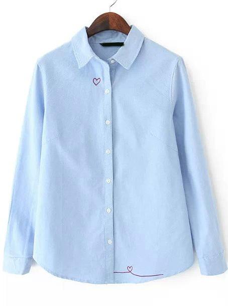 Romwe Blue Lapel Long Sleeve Heart Embroidered Blouse