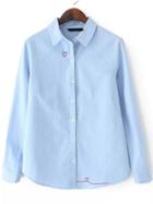 Romwe Blue Lapel Long Sleeve Heart Embroidered Blouse
