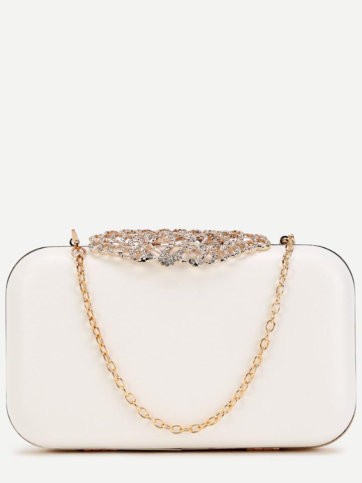 Romwe White Pu Crystal Shell Trim Evening Bag