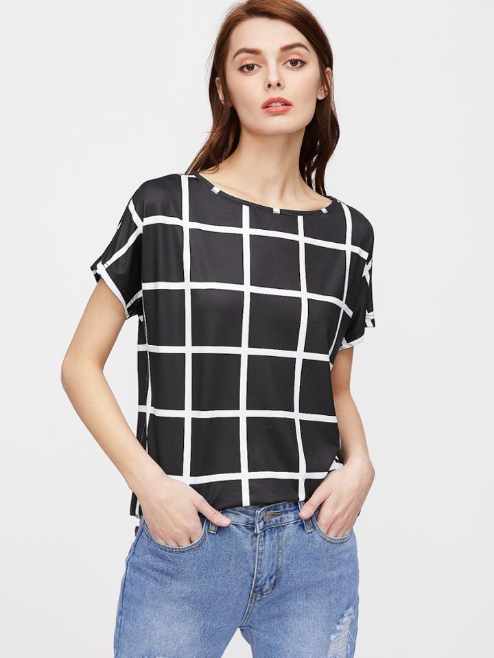 Romwe Black Grid Short Sleeve T-shirt
