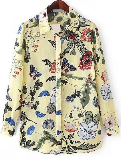 Romwe Lapel With Buttons Florals Yellow Blouse