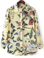 Romwe Lapel With Buttons Florals Yellow Blouse