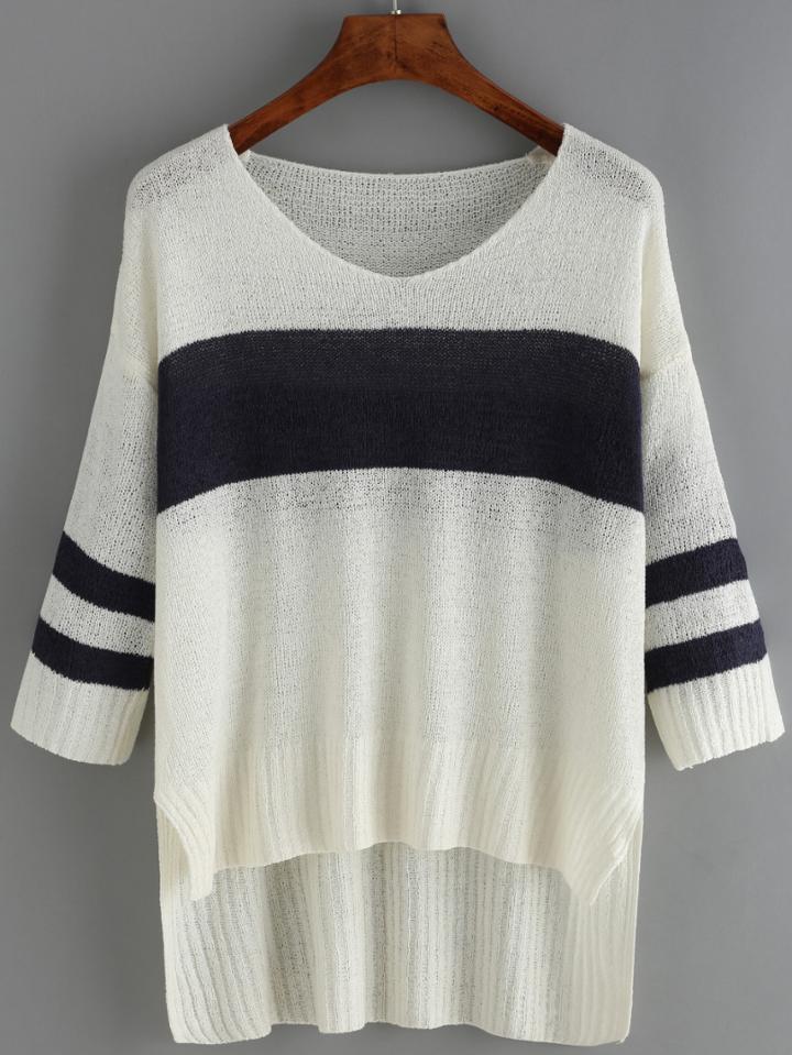 Romwe Dip Hem V Neck Split Side Striped White Knitwear