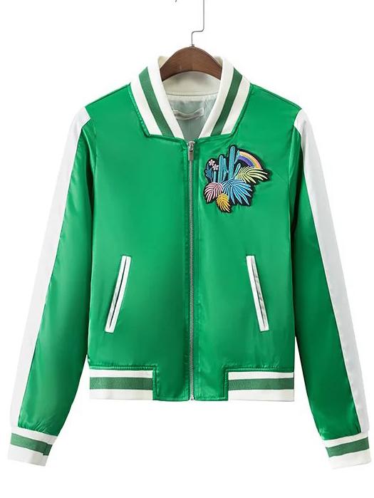 Romwe Green Stripe Trim Cactus Applique Jacket