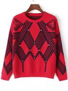 Romwe Women Long Sleeve Geometric Print Red Knitwear