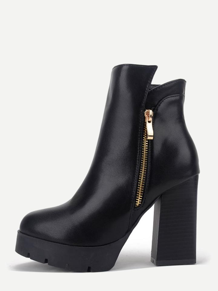 Romwe Black Pu Side Zipper Short Boots