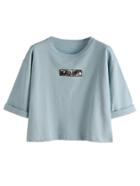 Romwe Blue Letter Embroidery Patch Cuffed T-shirt