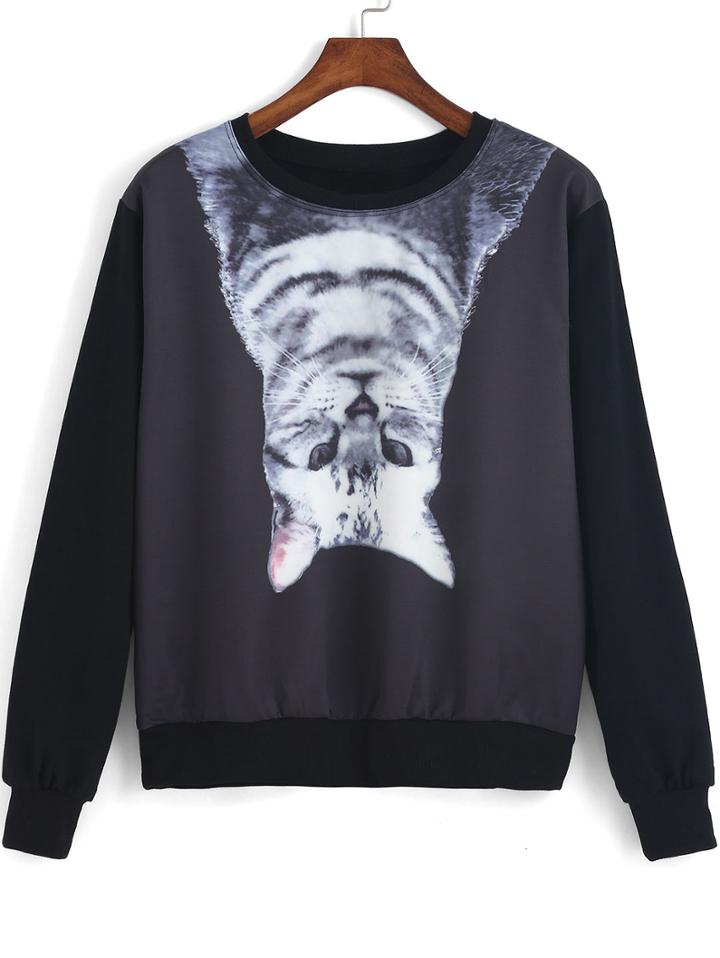 Romwe Cat Print Loose Round Neck Sweatshirt