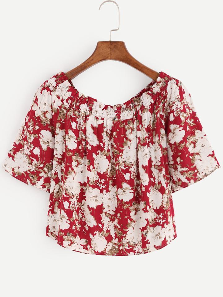 Romwe Red Flower Print Crop Top