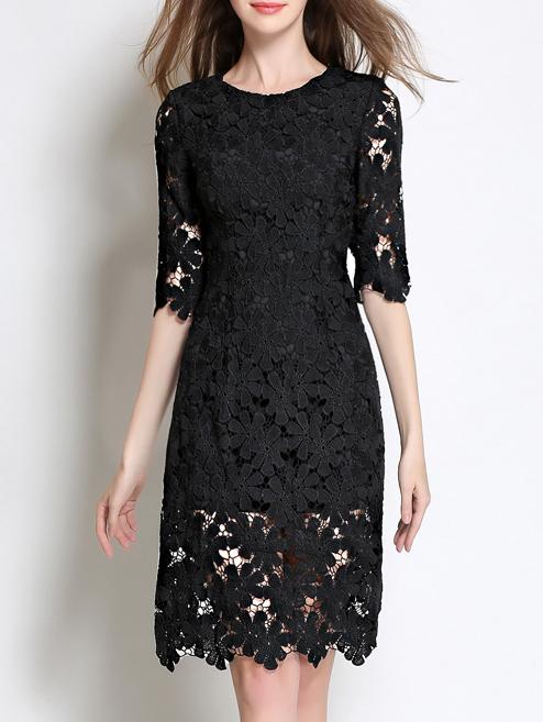 Romwe Black Crochet Hollow Out Sheer Sheath Dress