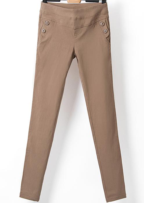 Romwe Elastic Pockets Slim Khaki Pant