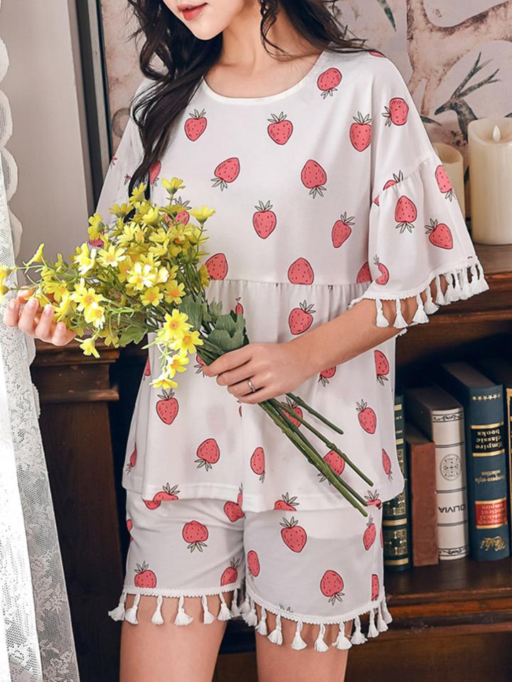 Romwe Strawberry Print Fringe Top & Shorts Pj Set