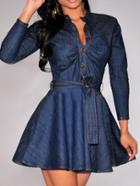 Romwe Blue Long Sleeve Buttons Denim Coat Flare Dress