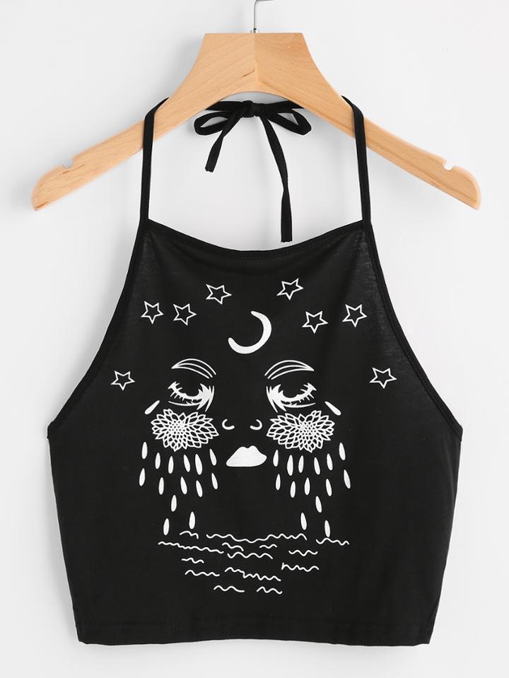 Romwe Halter Neck Graphic Print Cami Top