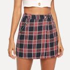 Romwe Zipper & Pocket Up Plaid Skirt