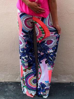 Romwe Leaves Print Elastic Waist Straight Pant
