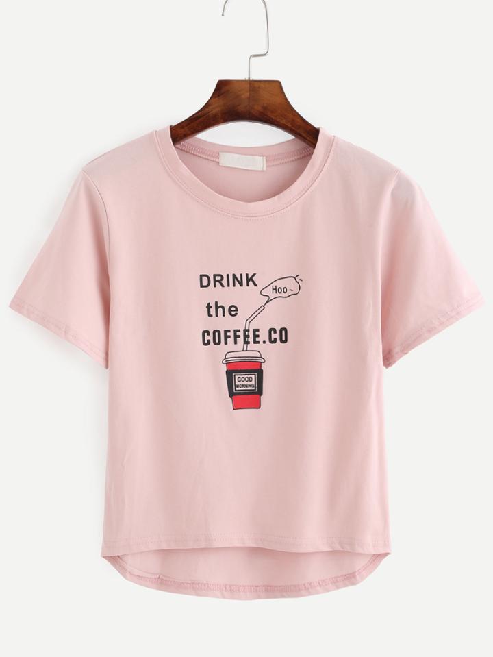 Romwe Pink Slogan Print Dip Hem T-shirt