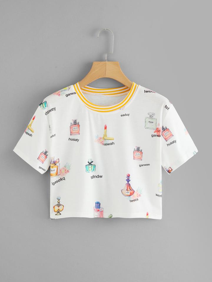 Romwe Striped Neck Perfume Print Tee