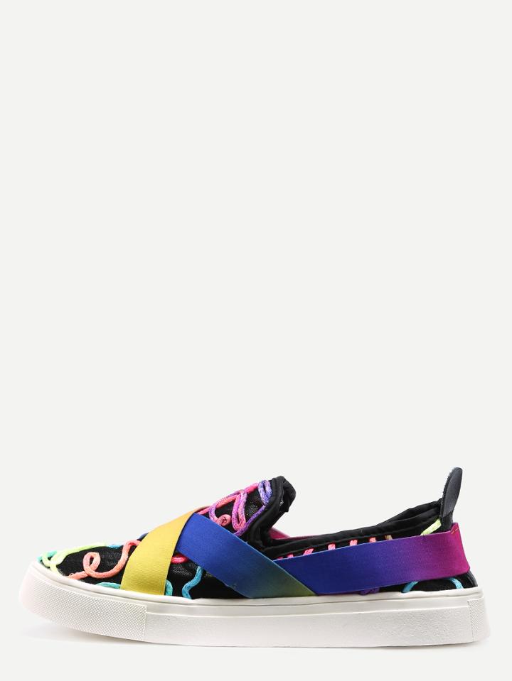 Romwe Colorful Faux Leather Criss Cross Flats