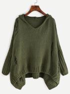 Romwe Army Green Ripped High Low Hooded Sweater