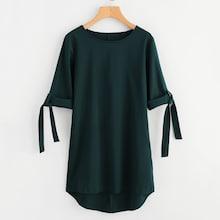 Romwe Roll Tap & Tie Sleeve Dip Hem Dress
