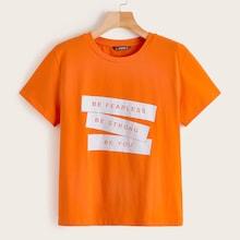 Romwe Neon Orange Slogan Print Tee