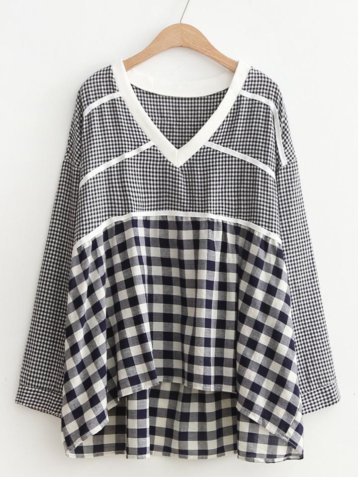 Romwe V Neckline Gingham Smock Blouse