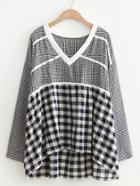 Romwe V Neckline Gingham Smock Blouse