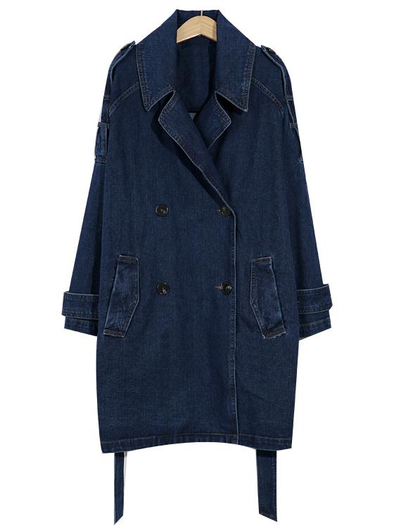 Romwe Lapel Double Breasted Belt Denim Coat