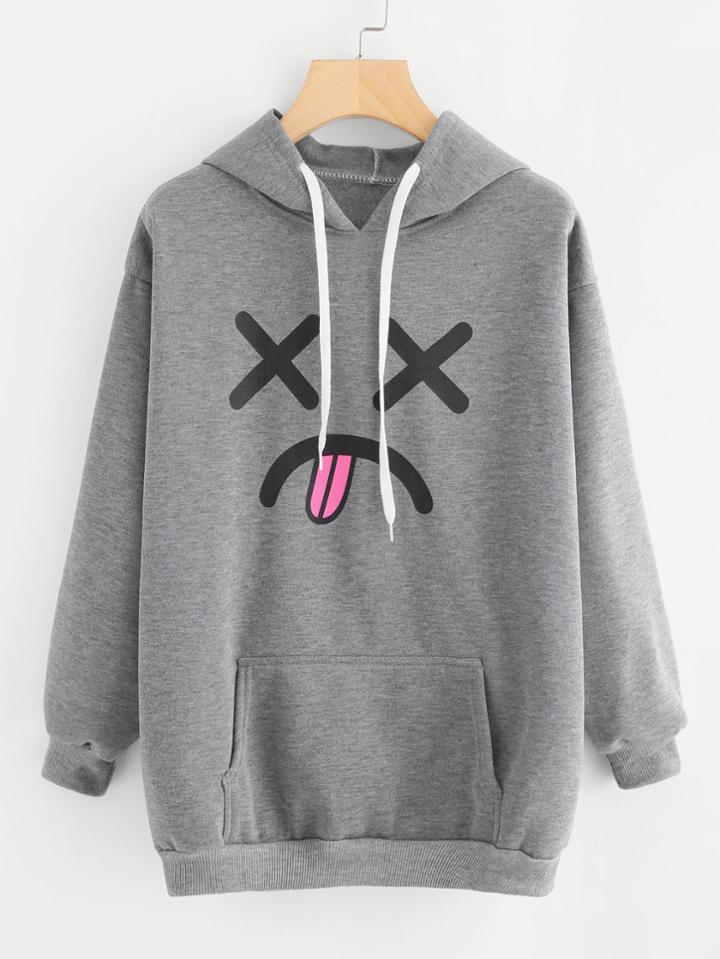 Romwe Grimace Print Kangaroo Pocket Hoodie