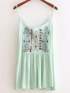 Romwe Green Spaghetti Strap Embroidery Criss Cross Top
